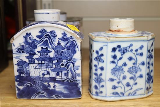 Two Chinese enamel tea caddies and three porcelain caddies largest 11cm